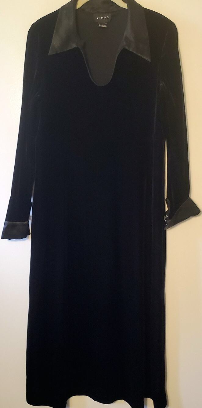 VIRGO Dress Black Velvet Womens Sz 14 Stretch Mid Calf Satin Cuffs Collar Witchy